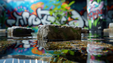 A serene view showcasing a rock resting above water, accentuated by vibrant graffiti art in the background, merging nature and urban creativity.の素材