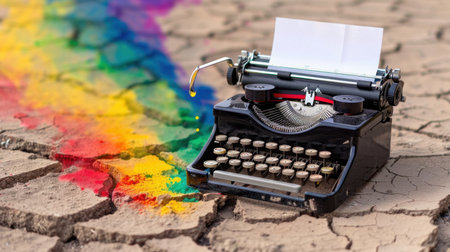 A vintage typewriter sits on cracked earth, with a vibrant paint splash adding color and creativity. This artistic scene symbolizes inspiration.の素材