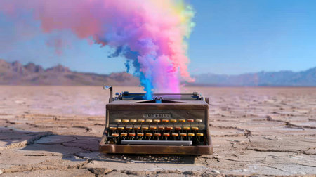 A vintage typewriter sits prominently in a dry desert landscape, emitting colorful smoke, creating a surreal and imaginative artistic scene.の素材