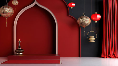 This stunning interior showcases a harmonious blend of red and black colors, featuring elegant lanterns and a richly textured backdrop, perfect for cultural decor.の素材
