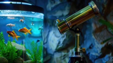 This captivating scene showcases a vintage telescope near an aquarium filled with vibrant golden fish, beautifully merging nature and curiosity in a tranquil setting.の素材
