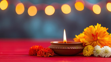 This stunning image captures the essence of a Diwali celebration with a glowing oil lamp, vibrant flowers, and a captivating bokeh background.の素材