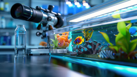 A vivid freshwater aquarium showcasing a variety of colorful fish species, set up with a macro lens for detailed underwater photography.の素材