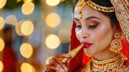 A close-up image of a traditional Indian bride applying mehndi, surrounded by colorful decorations and lights, capturing the essence of a cultural wedding celebration.の素材
