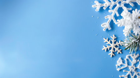 A vibrant blue background adorned with snowflakes and frosty pine cones creates a perfect winter scene, ideal for holiday marketing and festive themes.の素材