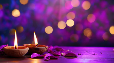 Delight in the tranquil ambiance created by glowing candles and scattered flower petals set against a vibrant purple bokeh background. Perfect for relaxation.の素材