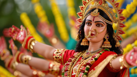 Celebrate the beauty of Hindu culture with this vibrant image of a goddess idol showcasing exquisite details, rich colors, and traditional attire, symbolizing devotion.の素材