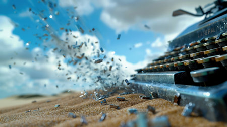 A captivating scene featuring a vintage typewriter in a desert setting, surrounded by flying metal scraps against a beautiful blue sky.の素材