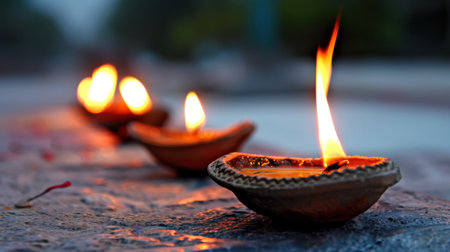 A stunning display of traditional oil lamps with bright flames illuminates a stone pathway, creating a warm and inviting ambiance for festive celebrations.の素材