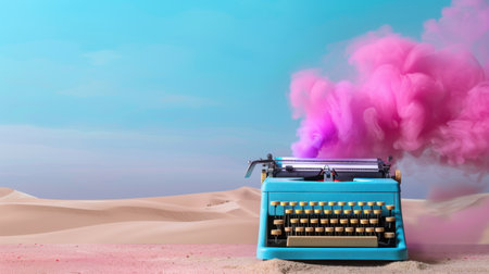 A vibrant scene featuring a vintage typewriter emitting colorful pink smoke against a stunning desert background, showcasing creativity and imagination.の素材
