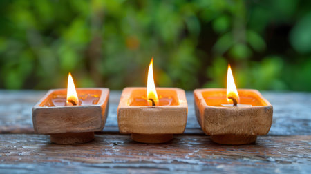 Three rustic candles with gentle flames sit on a weathered wooden surface, creating a warm and tranquil atmosphere amidst lush greenery.の素材