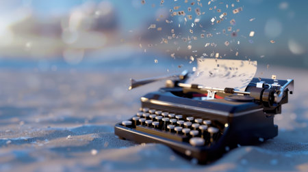 A vintage typewriter sits on a soft surface, with floating paper letters symbolizing creativity and nostalgia, capturing the essence of writing and inspiration.の素材