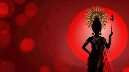 An artistic silhouette of a divine figure holding a trident, set against a vibrant red background, symbolizing spirituality and cultural heritage.の素材