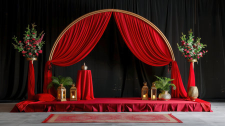 This stunning stage features vibrant red drapes and a gold arch, complemented by beautiful floral arrangements and lanterns, creating an inviting atmosphere for celebrations.の素材