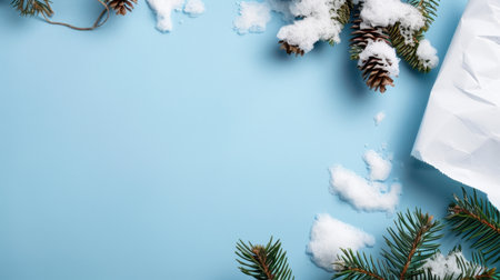 A serene winter-themed flat lay featuring pine cones and snow on a light blue background, complemented by crumpled paper, perfect for seasonal projects.の素材