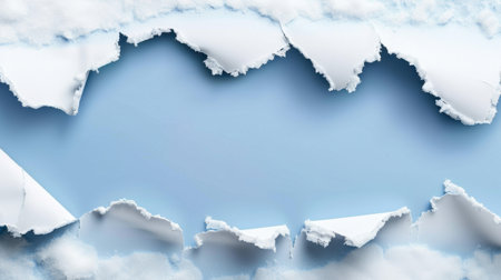 A captivating torn paper effect reveals a tranquil blue sky interspersed with soft clouds, ideal for creative design projects, advertising, and unique visuals.の素材