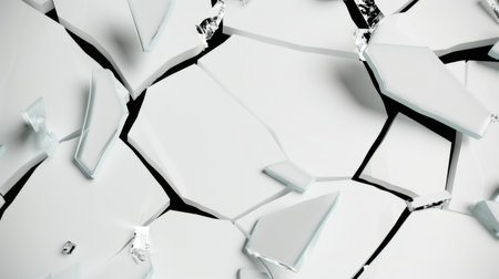 This image showcases a detailed view of a cracked white ceramic tile surface with sharp edges, highlighting the intricate patterns formed by fractures against a dark backdrop.の素材