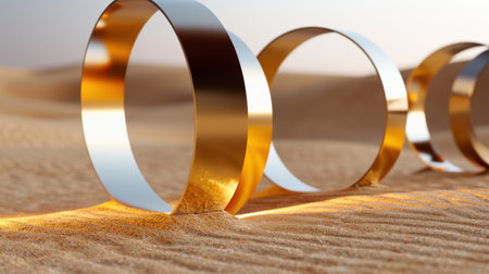 A visually striking composition of metallic rings set against a warm sandy desert landscape at golden hour, creating captivating reflections and shadows.の素材