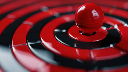 A close-up of a striking red sphere placed centrally on a glossy black circular pattern. The smooth surface creates a dynamic and captivating visual effect.の素材
