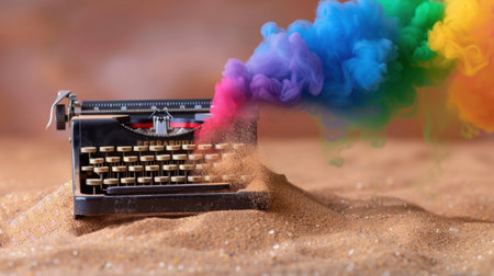 A vintage typewriter sits on a sandy surface, releasing vibrant smoke in multiple colors, symbolizing creativity and artistic expression in writing.の素材