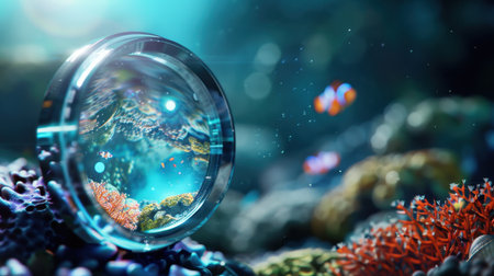 This stunning underwater image captures a clear glass lens revealing a vibrant coral reef bustling with colorful tropical fish, showcasing the beauty of marine life.の素材