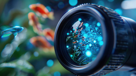 This stunning close-up captures a camera lens in crystal detail, with colorful fish swimming gracefully in an illuminated underwater environment.の素材