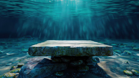 An enchanting underwater scene featuring a stone platform illuminated by ethereal rays of sunlight. The tranquil water surrounds the rocks, creating a serene atmosphere.の素材
