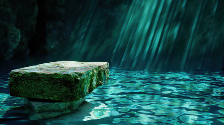 A tranquil scene featuring a moss-covered stone surface partially submerged in crystal-clear water, illuminated by gentle light rays penetrating the depths, creating a serene atmosphere.の素材