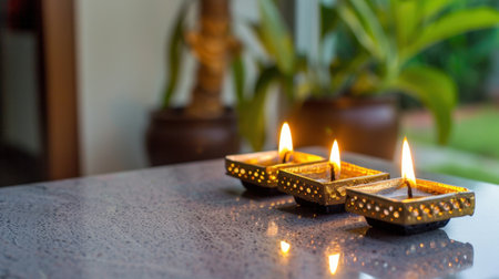 This image captures the serene glow of three decorative oil lamps arranged on a stylish tabletop, enhancing the festive atmosphere with warmth and tranquility.の素材