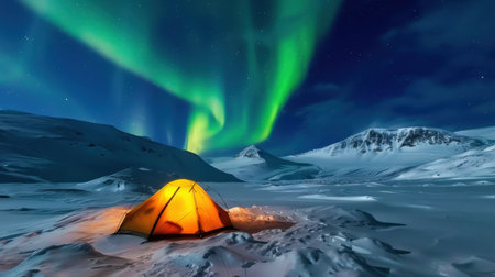 A stunning view showcasing a bright orange tent set in a snowy landscape, illuminated by the vibrant northern lights dancing in the night sky.の素材