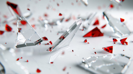 A captivating display of shattered glass pieces alongside scattered red gemstones, creating a striking abstract background perfect for artistic and modern design needs.の素材