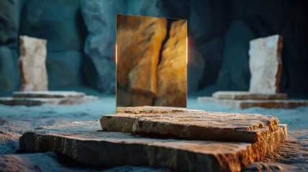 A captivating scene featuring a reflective mirror set among stone pillars in a cave, evoking an atmosphere of mystery and tranquility. Perfect for artistic and imaginative themes.の素材