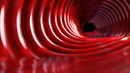 This image features an abstract representation of red curved tubes, creating a visually striking pattern with smooth surfaces that reflect light beautifully.の素材