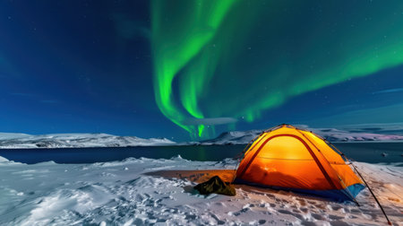 Explore the vibrant beauty of the northern lights dancing above a cozy camping tent, nestled in a serene snowy landscape under a star-filled sky.の素材