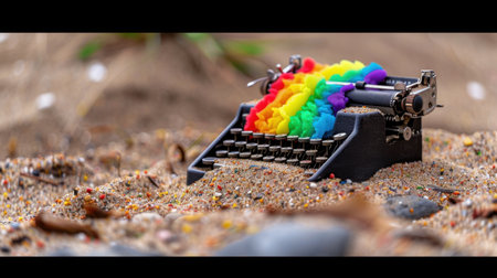 This whimsical image features a vintage typewriter partially buried in sandy beach, adorned with a bright rainbow of paper. It blends creativity and nature.の素材