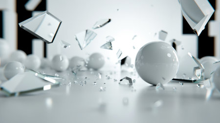 This digital image features a captivating arrangement of shattered glass pieces and smooth white spheres, creating an intriguing exploration of contrast and dynamics.の素材