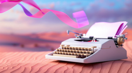 A vintage typewriter rests on soft desert sand, surrounded by colorful ribbons and floating papers. This serene scene evokes nostalgia and inspiration.の素材