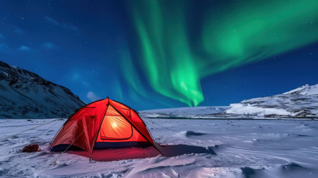 A striking scene of a bright red tent set against a snowy landscape, highlighted by vibrant northern lights dancing in the night sky, creating a tranquil atmosphere.の素材