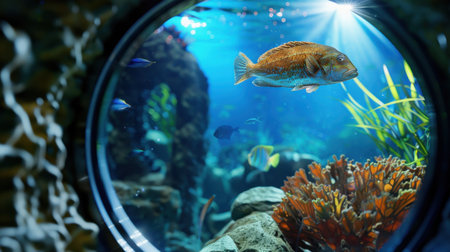Serene underwater landscape showcasing a colorful fish swimming gracefully past vibrant coral and aquatic plants viewed through a round observation window.の素材