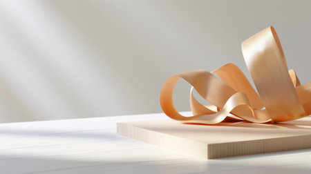 This image features a delicate ribbon artfully arranged on a wooden surface, capturing a modern and minimalistic gift-wrapping concept in soft lighting.の素材