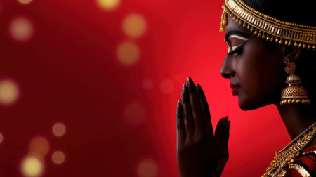 A stunning portrait of an Indian woman in traditional attire, elegantly posing with hands in a prayer gesture. The blurred red background enhances the spiritual atmosphere, emphasizing cultural beauty and grace.の素材