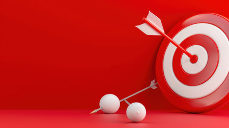 This vibrant image showcases a circular target with an arrow striking the bullseye, symbolizing success and achievement. The bright red background enhances the themes of determination and motivation.の素材