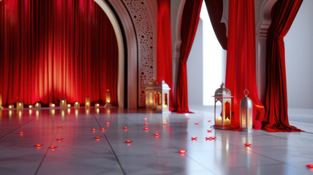 This stunning interior features rich red drapes, soft warm lighting, and beautiful decorative lanterns, creating a tranquil and elegant atmosphere.の素材