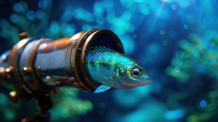 A vibrant fish swims through a vintage telescope, showcasing intricate colors and patterns. The aquatic background features sparkling light reflections, creating a captivating underwater scene.の素材
