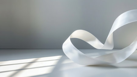 A delicate white ribbon elegantly flows across a minimalist surface, casting soft shadows and creating a serene visual effect in this artistic composition.の素材