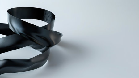 This abstract image features a black ribbon design, elegantly flowing on a minimalist background. The smooth curves and dynamic shapes create a visually captivating composition perfect for artistic projects and creative uses.の素材