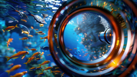 A mesmerizing underwater shot captured through a camera lens, featuring vibrant fish swimming in clear blue ocean water with scenic coral formations.の素材