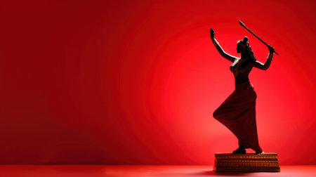 This stunning image captures a graceful silhouette of a dancer wielding a sword against a vivid red background, embodying the fusion of movement and tradition.の素材