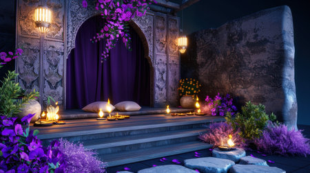 This enchanting scene features a stunning artistic setting adorned with purple fabrics and vibrant flowers, illuminated by soft candlelight, ideal for creating a tranquil meditation space.の素材