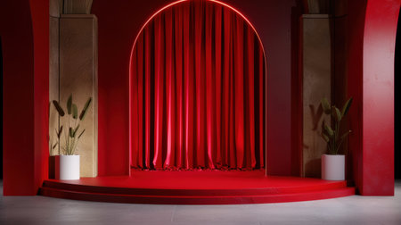 A stunning red stage featuring rich curtains and sleek plant accents, perfect for artistic showcases or modern event setups, capturing elegance and vibrancy.の素材